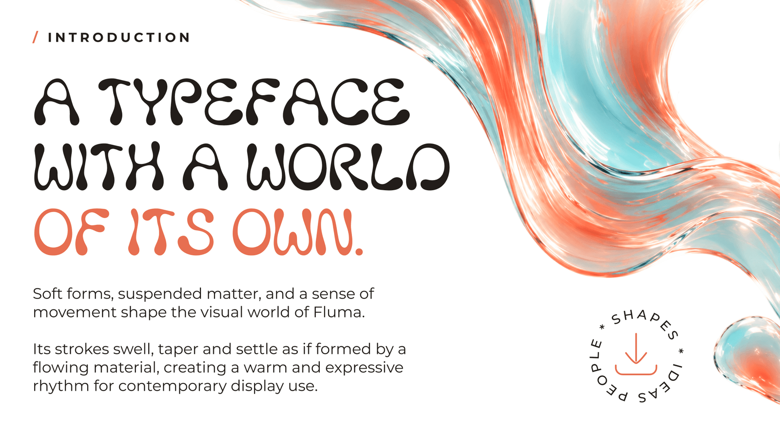 FLUMA introduction sheet with a translucent fluid form and a statement about the typeface