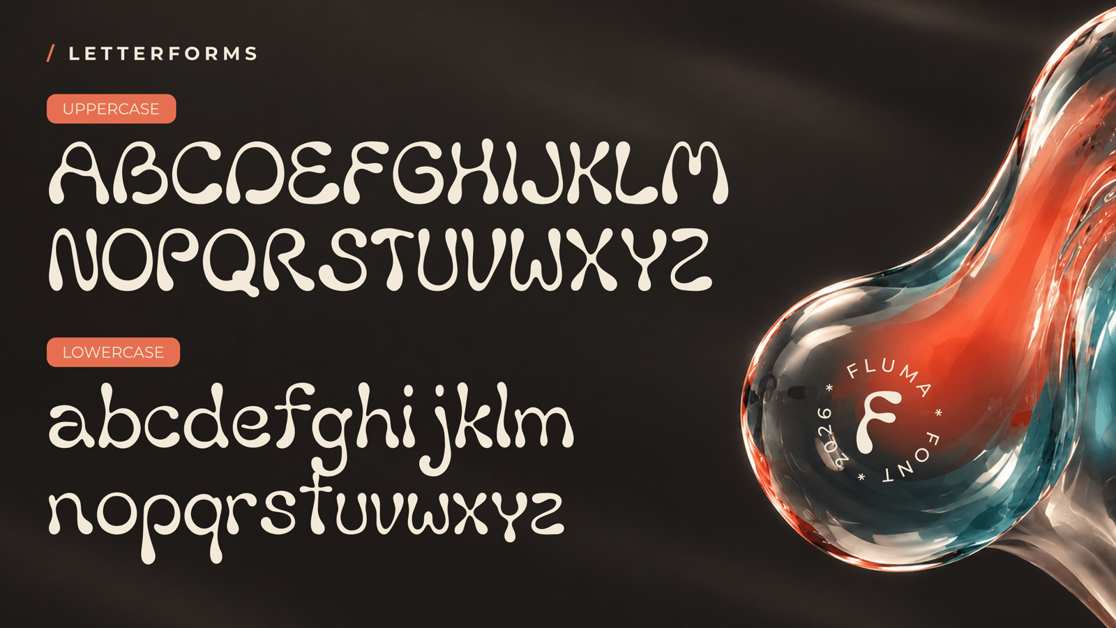 FLUMA uppercase and lowercase alphabet on a dark background with a translucent sculpture