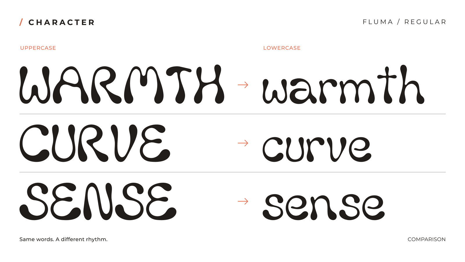 FLUMA uppercase and lowercase word comparison for Warmth, Curve, and Sense