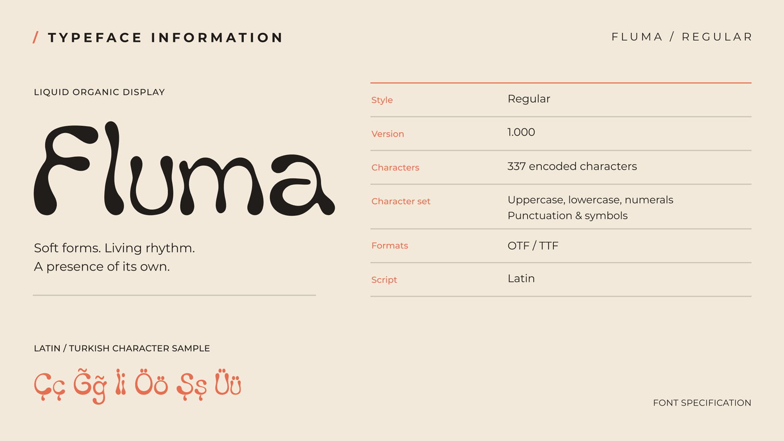 FLUMA Regular typeface information with 337 encoded characters and Turkish letter samples