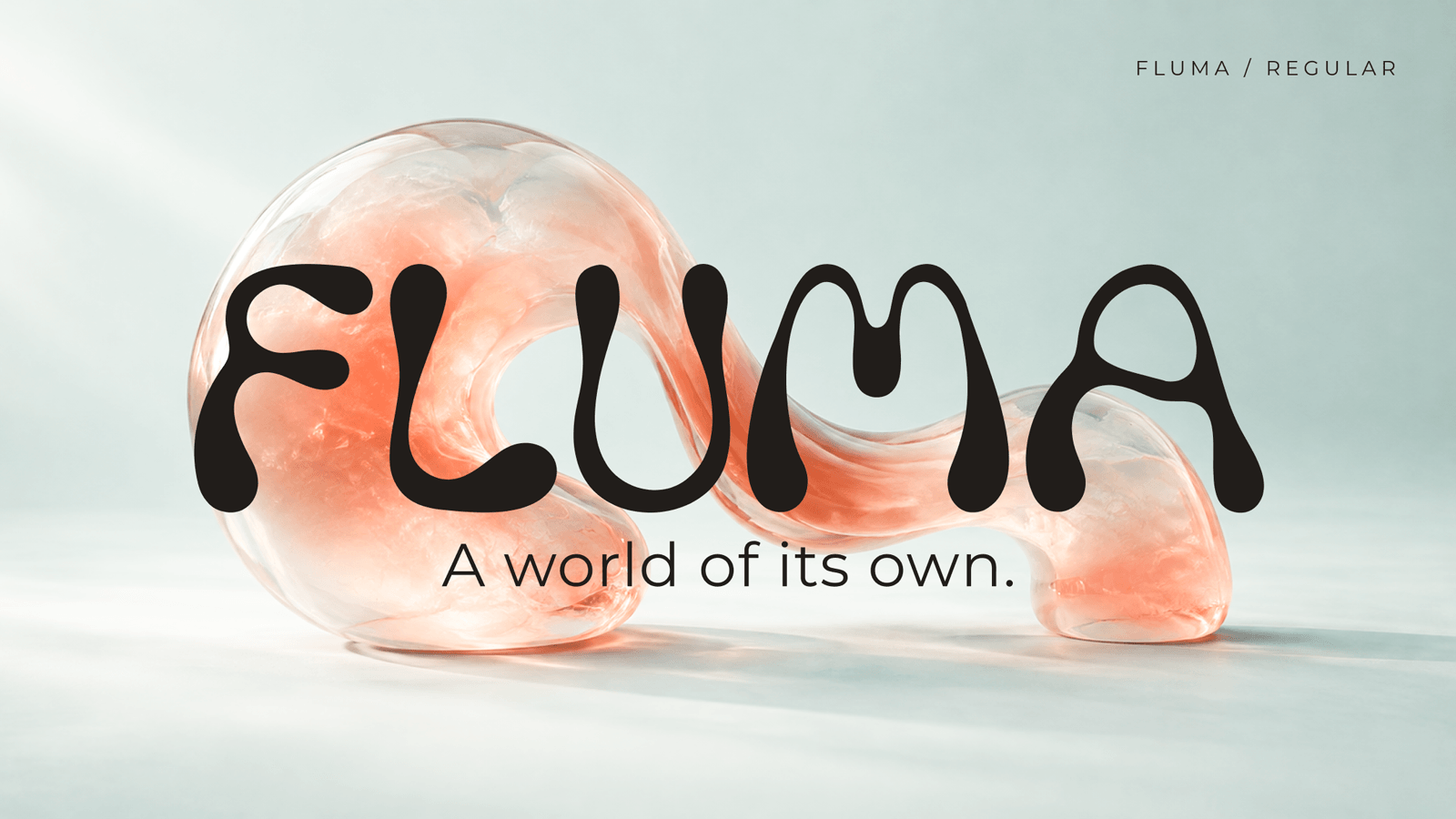 FLUMA closing specimen with the phrase A world of its own over a fluid sculpture